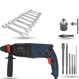 Hillgrove 1200W Forward &a; Reverse Rotation Hammer Impact Drill Machine with Drill Chuck, SDS Adapter, 5 Pcs SDS Plus Bit &a; 8 Pcs Double Open End Wrench, HGCM1236-8