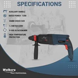 Walkers 1200W Forward &a; Reverse Rotation Hammer Impact Drill Machine with 5 Pcs SDS Plus Bit, Drill Chuck, SDS Adapter &a; Gloves, WKCB361 image 2