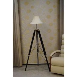 Tucasa Mango Wood Black Tripod Floor Lamp with Polycotton Off White Shade, P-141-18