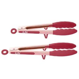 iLife 2 Pcs Heat Resistant Premium Silicone Rose Gold Kitchen Tong Set-image-100