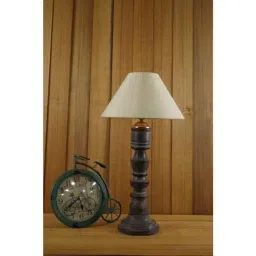 Tucasa Mango Wood Grey Table Lamp with 10 inch Polycotton Off White Pyramid Shade, WL-148-3