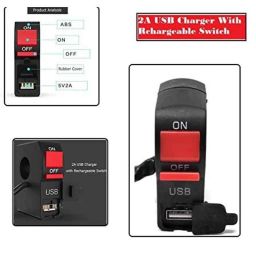 AOW 12V 7/8��� Motorcycle Handlebar Switch with ON/Off Button and USB Charging Port (2 Amp) T-16Universal for All Bikes-27