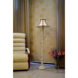 Tucasa Vintage White Mango Wood Floor Lamp with Stripe Conical Polycotton Shade, WF-29-image-13