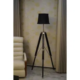 Tucasa Mango Wood Black Tripod Floor Lamp with Polycotton Black Shade, P-130-image-78
