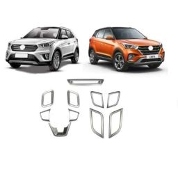 SureStrive 10 Pcs Silver Matte Finish Interior Dashboard &a; Steering Accessories Set for Hyundai Creta 2015-2019 Model-image-13