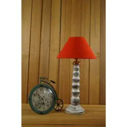 Tucasa Mango Wood Old White Table Lamp with 10 inch Polycotton Red Pyramid Shade, WL-164-picture-5