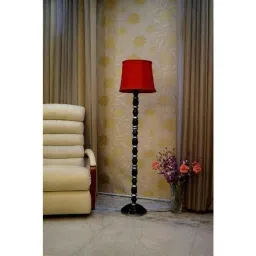 Tucasa Mango Wood Black &a; Silver Floor Lamp with Red Cylindrical Polycotton Shade, WF-43-9