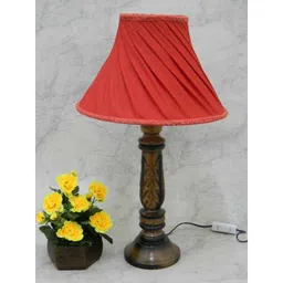 Tucasa Wooden Carving Table Lamp with Red Pleated Shade, LG-831-2