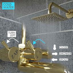 ZAP Elixir Gold Brass Polished Finish 2 in 1 Wall Mixer with Overhead Shower &a; 125mm Long Bend Pipe image 4