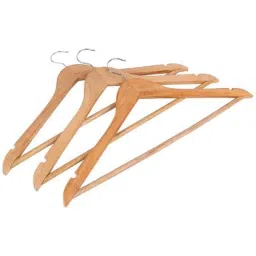 Arnav Wooden Natural Wood Colour Cloths Hanger with Chrome Hooks (Pack of 6)-6