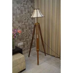 Tucasa Mango Wood Brown Tripod Floor Lamp with Polycotton Off White Shade, P-85-39