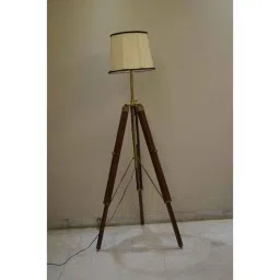 Tucasa Mango Wood Brown Tripod Floor Lamp with Polycotton Off White Shade, P-128-picture-19