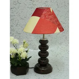 Tucasa Smart Wooden Table Lamp with Red Check Shade, LG-1067-14