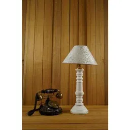 Tucasa Mango Wood White Table Lamp with 10 inch Polycotton Silver Circle Pyramid Shade, WL-114-image-92
