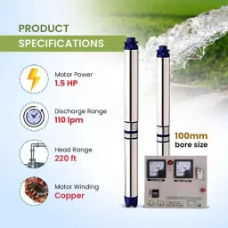 Jindal 1.5HP 12 Stage Single Phase Pure Copper Water Filled Borewell Submersible Pump with Control Panel &a; 50m Submersible Cable , 12 Months Warranty image 2