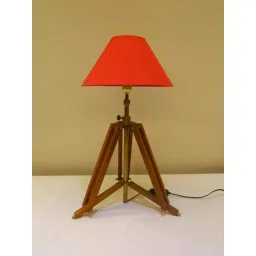Tucasa Mango Wood Brown Tripod Table Lamp with Polycotton Red Shade, P-3-10