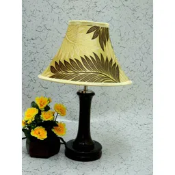 Tucasa Polysilk Off White Brown Shade Wooden Table Lamp, LG-1021-14