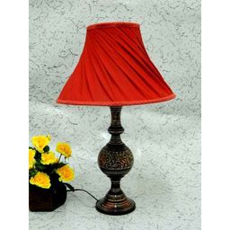 Tucasa Antique Brass Carving Table Lamp with Red Pleated Shade, LG-850-36