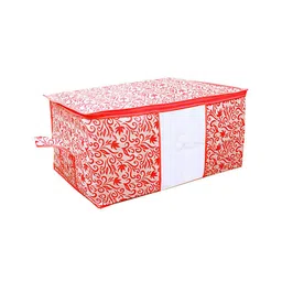 Kuber Industries Set Of 6 White & Red Leaf Printed Underbed Storage Bags With Transparent Window image 3
