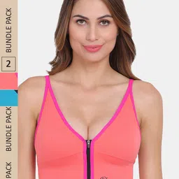 Amour Secret Pack Of 2 Non Wired Removable Lightly Padded Workout Front Zipper Sports Bra-11