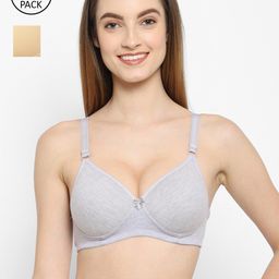 Floret Grey Melange & Nude-Coloured Set Of 2 Lightly Padded Seamless Push-Up Bra-13