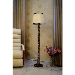 Tucasa Mango Wood Black &a; Gold Floor Lamp with Off White &a; Black Cylindrical Polycotton Shade, WF-72-image-54
