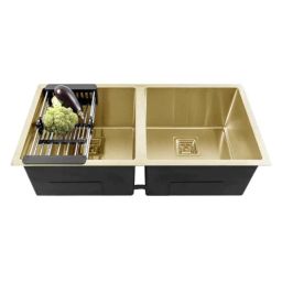 Arquin Diamond 37x18x10 inch Stainless Steel 304 Gold Matt Finish Rectangular Double Bowl Kitchen Sink-image-56