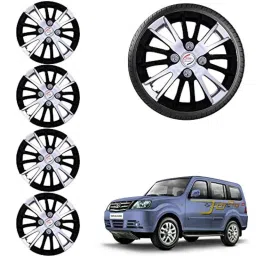 Auto Pearl 4 Pcs 15 inch ABS Black &a; Grey Car Hubcap Wheel Cover with Retention Ring Set for SumoGrande-42