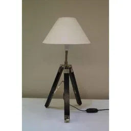 Tucasa Mango Wood Black Tripod Table Lamp with Polycotton Off White Shade, P-42-29