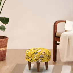Chumbak Yellow Printed Wooden Ottomans-13