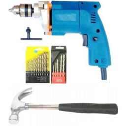 Imported 10mm Heavy Duty Electric Drill Machine with 1Pc Hand Hammer, 13Pcs HSS, 5Pcs Masonry Drill Bit Set Power &a; Hand Tool Kit-10