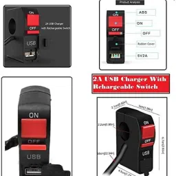 AOW 12V 7/8��� Motorcycle Handlebar Switch with ON/Off Button and USB Charging Port (2 Amp) T-10Suitable for All Bikes-12