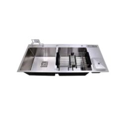 Rigwell Lifetime 45x20x10 inch Satin Finish Stainless Steel Double Bowl Handmade Kitchen Sink with Dustbin Tap Holes-image-98