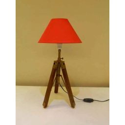 Tucasa Mango Wood Brown Tripod Table Lamp with Polycotton Red Shade, P-64-13