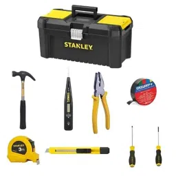 Stanley 12.5 inch Tool Box, Claw Hammer, 8 inch Cutting Plier, Digital Line Tester, 3m Measuring Tape, 2 Pcs Cushioned Screw Driver, Snap Off Blade &a; Steelgrip Insulation Tape Combo-44