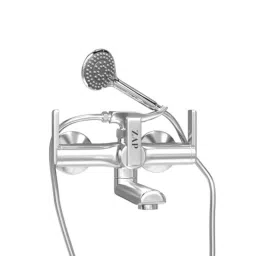 ZAP Ultra Cube Series 2-in-1 Brass Wall Mixer with Crutch, Multi Flow Hand Shower &a; 1.5m SS Hose Pipe-picture-2