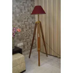 Tucasa Mango Wood Brown Tripod Floor Lamp with Polycotton Maroon Shade, P-92-image-59
