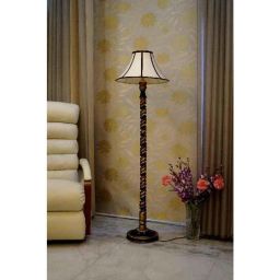 Tucasa Mango Wood Black &a; Gold Floor Lamp with Stripe Conical Polycotton Shade, WF-65-0