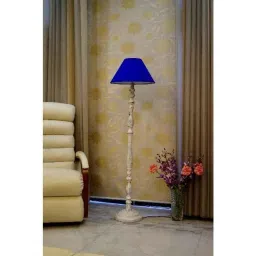 Tucasa Vintage White Mango Wood Floor Lamp with Blue Conical Polycotton Shade, WF-27-image-51