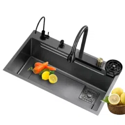 Zap Stainless Steel 304 Single Bowl Kitchen Sink 30x18x10 inch Black Matt Multifunction with 2 Drain SS Basket, Soap Dispenser, Cup Washer, RO Water Kit &a; Waterfall Faucet-image-16