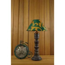 Tucasa Mango Wood Grey Table Lamp with 10 inch Polycotton Green Gold Pyramid Shade, WL-140-image-9