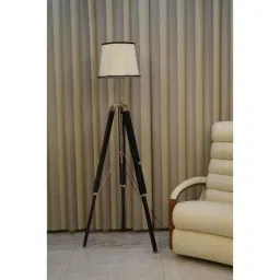 Tucasa Mango Wood Black Tripod Floor Lamp with Polycotton Off White Shade, P-131-image-43