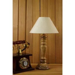 Tucasa Mango Wood Royal Brown Table Lamp with 10 inch Polycotton Off White Pyramid Shade, WL-225-13