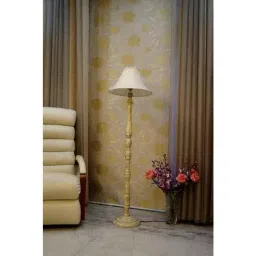 Tucasa White Mango Wood Floor Lamp with Off White Conical Polycotton Shade, WF-150-7