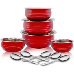 Classic Essentials H10Red 10 Pcs Stainless Steel 201 Red Induction Base Cookware Handi Set with Lid-picture-45