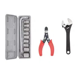 Hillgrove HGCM412M1 10 Pcs Hex Socket Spanner Set, Wire Cutter &a; 8 inch Adjustable Wrench Combo, HGCM711-3