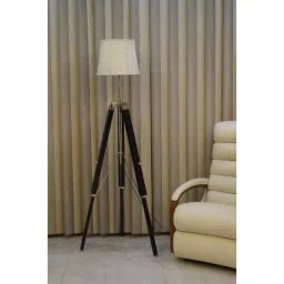 Tucasa Mango Wood Black Tripod Floor Lamp with Polycotton Off White Shade, P-133-image-84