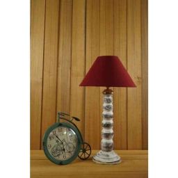 Tucasa Mango Wood Old White Table Lamp with 10 inch Polycotton Maroon Pyramid Shade, WL-166-18
