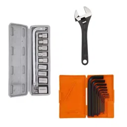 Hillgrove HGCM410M1 10 Pcs Hex Socket Spanner Set, 9 Pcs Hex Allen Key Set &a; 8 inch Adjustable Wrench Combo, HGCM709-1