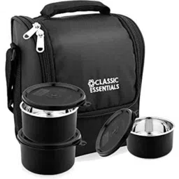 Classic Essentials 3 Pcs 350ml Stainless Steel Black Containers Lunch Box with Bag (Pack of 5)-12
